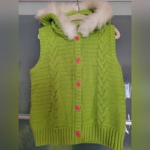 Gymboree Lime Green Hooded Knit & Fur Heart Button Cable Vest Sz 5-6